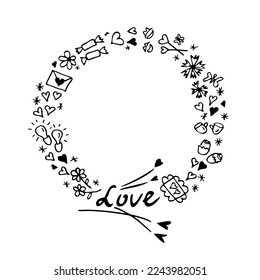 Spring doodle. Cute vector illustration wreath frame with love symbols, flowers, envelope with valentine,spring mood. The inscription Love written by hand. For postcards, design. Vector