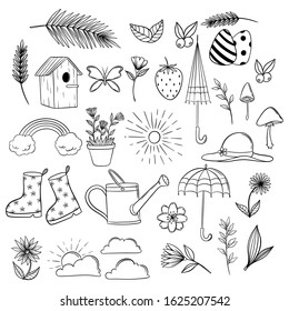 Spring doodle elements collection on white background