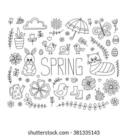 Spring doodle elements. Vector cute hand drawn details - bunny, cat, flower, bird, chicken, sun, cloud, umbrella, butterfly, rubber boots, easter egg, watering can. Outline. 