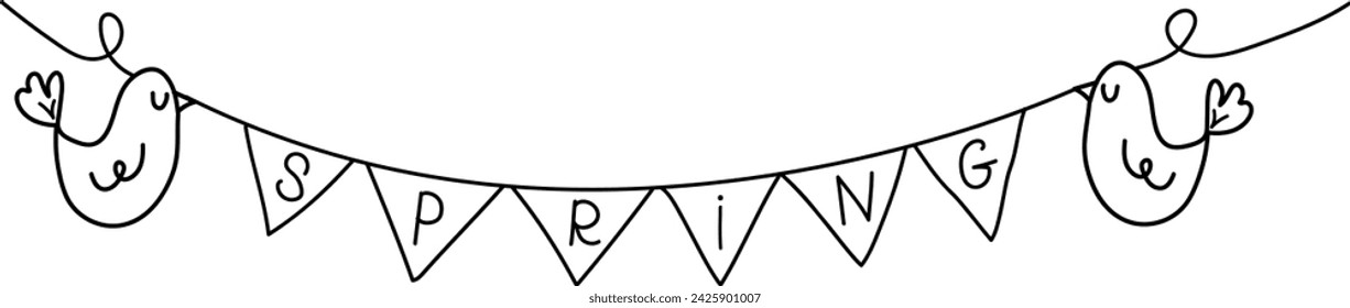 Spring doodle garland. Two birds are holding a garland of flags with handwritten short text spring on the transparent background. Springtime concept.