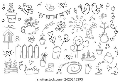  Spring doodle icons set. Hand drawn style. Line art. Umbrella, watering can, bouquet of flowers, birds, sun, garland of flags . Gardening, springtime concepts. Vector illustration.