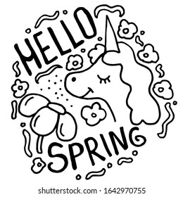 Spring doodle with lettering. hand drawn thin line postcard about spring coming. Cute unicorn sniffing the flower. Herbs and leaves are around. Vector illustration isolated on white background. 
