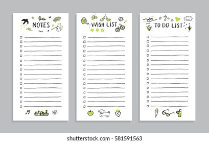 spring doodle notes, wish list, to do list vector set.