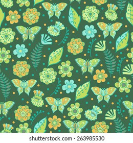 Spring doodle pattern with flowers and butterflies. Can be used for cards, invitations, fabrics, wallpapers, ornamental template for design and decoration.