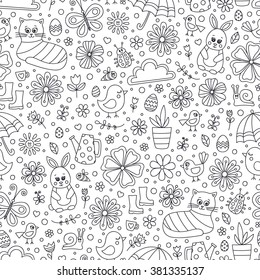 Spring doodle pattern. Seamless vector pattern with cute hand drawn elements - bunny, cat, flower, bird, chicken, sun, cloud, umbrella, butterfly, boots, easter egg. Outline. Coloring page for kids.