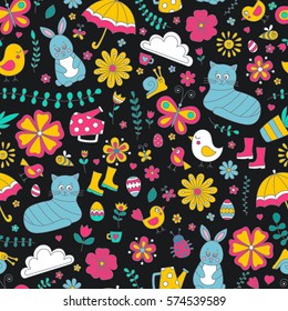 Spring doodle pattern. Seamless vector pattern with cute hand drawn elements - bunny, cat, flower, bird, chicken, sun, cloud, umbrella, butterfly, boots, easter egg. On black background.