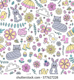 Spring doodle pattern. Seamless vector pattern with cute hand drawn elements - bunny, cat, flower, bird, chicken, sun, cloud, umbrella, butterfly, boots, easter egg. Pastel colors.