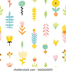 Spring doodle seamless patern with cute cartoon flowers in a colorful palette. Vector childish illustration in hand-drawn Scandinavian style. Ideal for textiles, clothing, packaging.