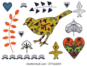 spring doodle set with bird, branches, hearts and decorative elements