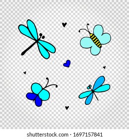 Spring doodle set. Blue butterflies and dragonflies. Hand drawn simple vector illustrations.