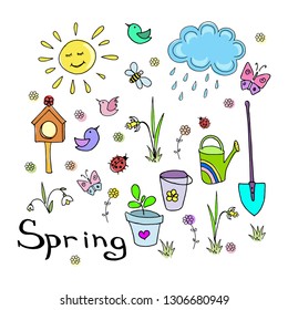 Spring doodle set, bright multicolor collection of simple hand-drawn spring elements. Vector illustration isolated on white background.