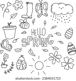 Spring doodle set. Butterflies, bird, watering can, envelope with flowers, birdhouse in sketch style. Hand drawn vector illustration isolated on white background