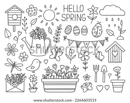 Spring doodle set. Butterflies, bird, watering can, envelope with flowers, birdhouse in sketch style. Hand drawn vector illustration isolated on white background