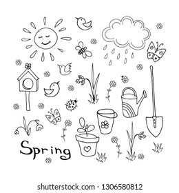 spring doodle set, collection of simple hand-drawn elements (sun, cloud, birds, flowers, shovel, bucket, watering can, butterflies, bees, grass). Black and white vector illustration isolated on white 