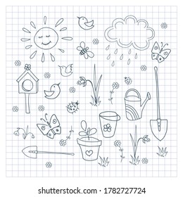 Spring doodle set. Collection of simple hand-drawn cute elements. Vector illustrations.