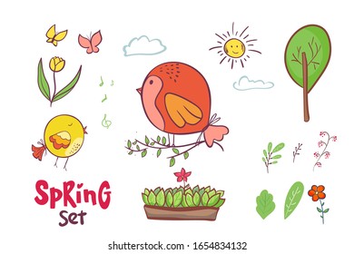 Spring Doodle set of spring flowers, herbs, birds. Hand drawn vector illustration with floral elements. Nature sketch background for web, card, poster, cover, tag, invitation
