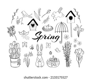 Spring doodle set. Hand drawn seasonal vector elements on isolated background.