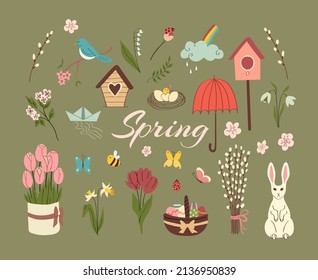Spring doodle set. Hand drawn seasonal vector elements on isolated background.