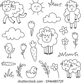 Spring doodle set with sheep, flowers, baby bird, plants, sun, linear vector illustration. hand drawn style symbols and objects . simple, black drawing for sticker, decor,  icon, coloring page, logo