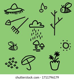 Spring doodle stile illustration.
Flat icon set hat, cherry, rake, branch, mushrooms, cloud, rain, sun, bee,umbrella, 