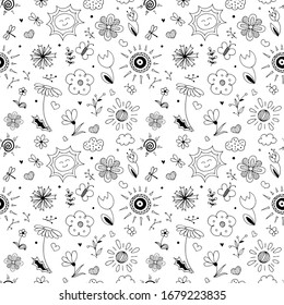 Spring doodle style pattern. Seamless vector backdrop. Simple black objects and symbols on the spring nature theme on transparent background. Hand drawn illustrations