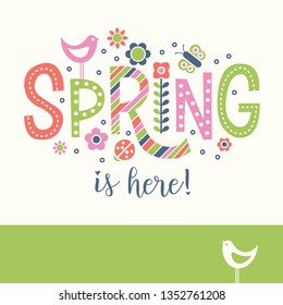 Spring doodle text design with birds, flowers and dots Cheerful design for banners, cards, posters and decor.