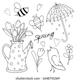 A spring doodle vector set. Umbrella, bees, tulip, water can, flower, heart, bird, lettering - spring. Funny cartoon animal characters. Good for coloring, scrapbooking, card, wallpaper, wrapping paper