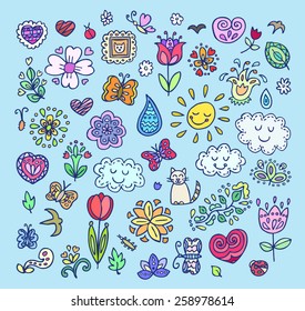 Spring doodles pattern. Hand draw flowers, sun, clouds, butterflies. Season of the blossom, illustration, cute background.