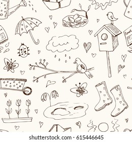 Spring doodles seamless pattern. Hand drawn flowers cats birds eggs instruments boots clouds butterflies. Doodle collection.