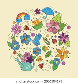 Spring doodles set in cartoon style. Vector element for the design of a postcard. Decor for the holiday of March 8.