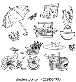 Spring doodles set drawn by hand. Vector spring concept - bicycle and flowers. First day of the spring.