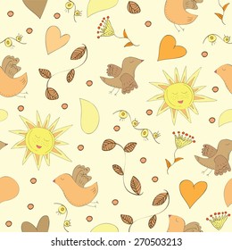 Spring doodles set with flowers, sun, birds - Seamless pattern