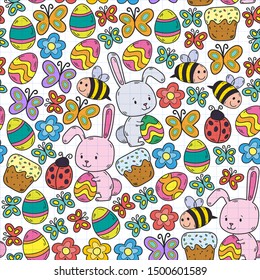 Spring doodles set. Hand draw easter Egg in vector format. seamless