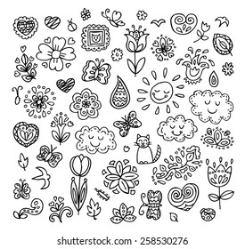 Spring doodles set. Hand draw flowers, sun, clouds, butterflies. Season of the blossom, illustration, cute background.