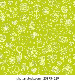 Spring doodles set. Hand draw flowers, sun, clouds, butterflies. Season of the blossom, illustration, cute background.