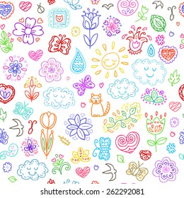 Spring doodles set. Hand draw flowers, sun, clouds, butterflies. Season of the blossom, illustration, cute background.