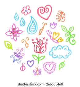 Spring doodles set. Hand draw flowers, cloud, butterflies. Season of the blossom, illustration, cute background. Pencil drawing.