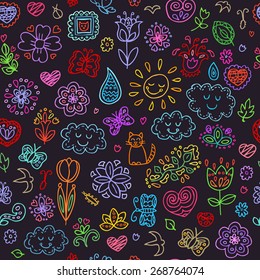 Spring doodles set. Hand draw flowers, sun, clouds, butterflies. Season of the blossom, illustration, cute background.