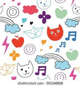 Spring doodles set. Hand draw sun, clouds, butterflies. Seamless pattern.

