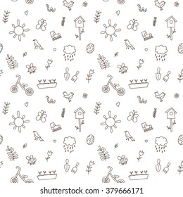 Spring doodles set. Hand draw flowers, sun, bird, cloud with rain, a raincoat, a balance bike, birdhouse. Cute background, seamless pattern