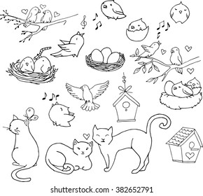 Spring doodles set. Hand drawn flowers, cats, birds, eggs, nests. Line art collection.