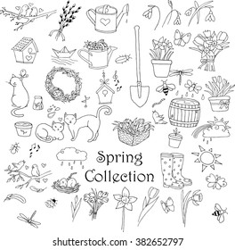 Spring doodles set. Hand drawn flowers, cats, birds, eggs, instruments, boots, nests, butterflies. Doodle collection.