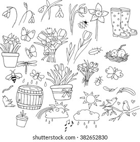 Spring doodles set. Hand drawn flowers,  birds, eggs, instruments, boots, nests, butterflies, weather. Doodle seasonal collection.