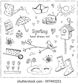 Spring doodles set. Hand drawn flowers, cats, birds, eggs, instruments, boots clouds butterflies Doodle collection