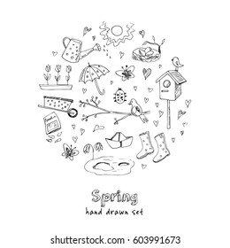 Spring doodles set. Hand drawn flowers cats birds eggs instruments boots clouds butterflies. Doodle collection.