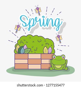 spring dragonflies with bush and leaves with frog