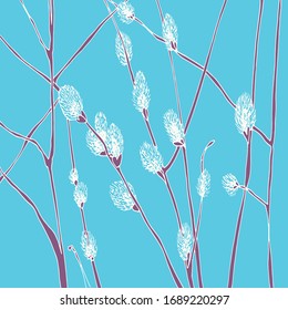 Spring drawing. Tender willow branches on a blue background. Easter. Spring. Vector file.