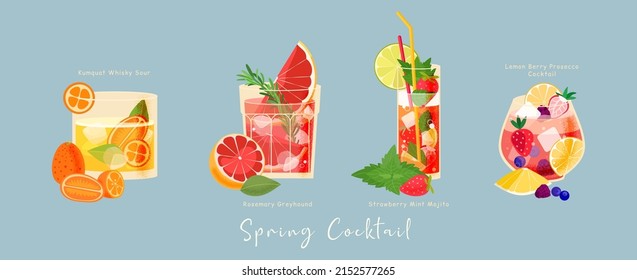 Spring drink cocktails vector set. Summer tropical four beverage with lemon, berry, prosecco, mint, mojito, rosemary, grapefruit, kumquat, whisky. Everything you need for party