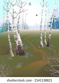 spring early aspen in the forest in the clearing sprouts the first flowers mixed forest deciduous and coniferous flora biology clean air ecology swallows fly seasons