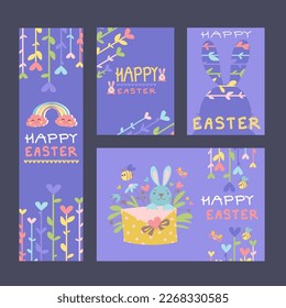 Spring Easter animals characters banner with bunny.Cute rabbit and chicks with calligraphy lettering. Flat vector cartoon design.
